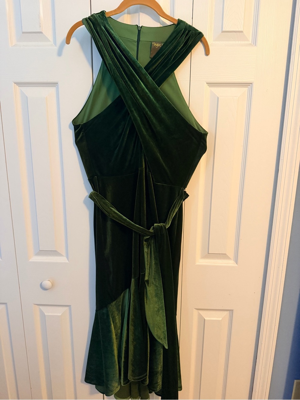 Taylor Emerald Green Velvet Asymmetrical Wrap Dress - Picture 5 of 5